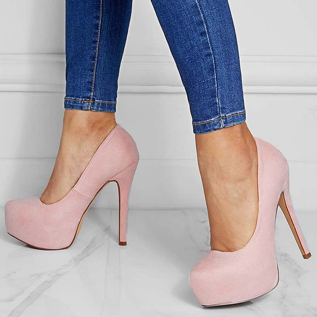 Susiecloths Suede Round Toe Platform Stilettos Slip on High Heel Pumps