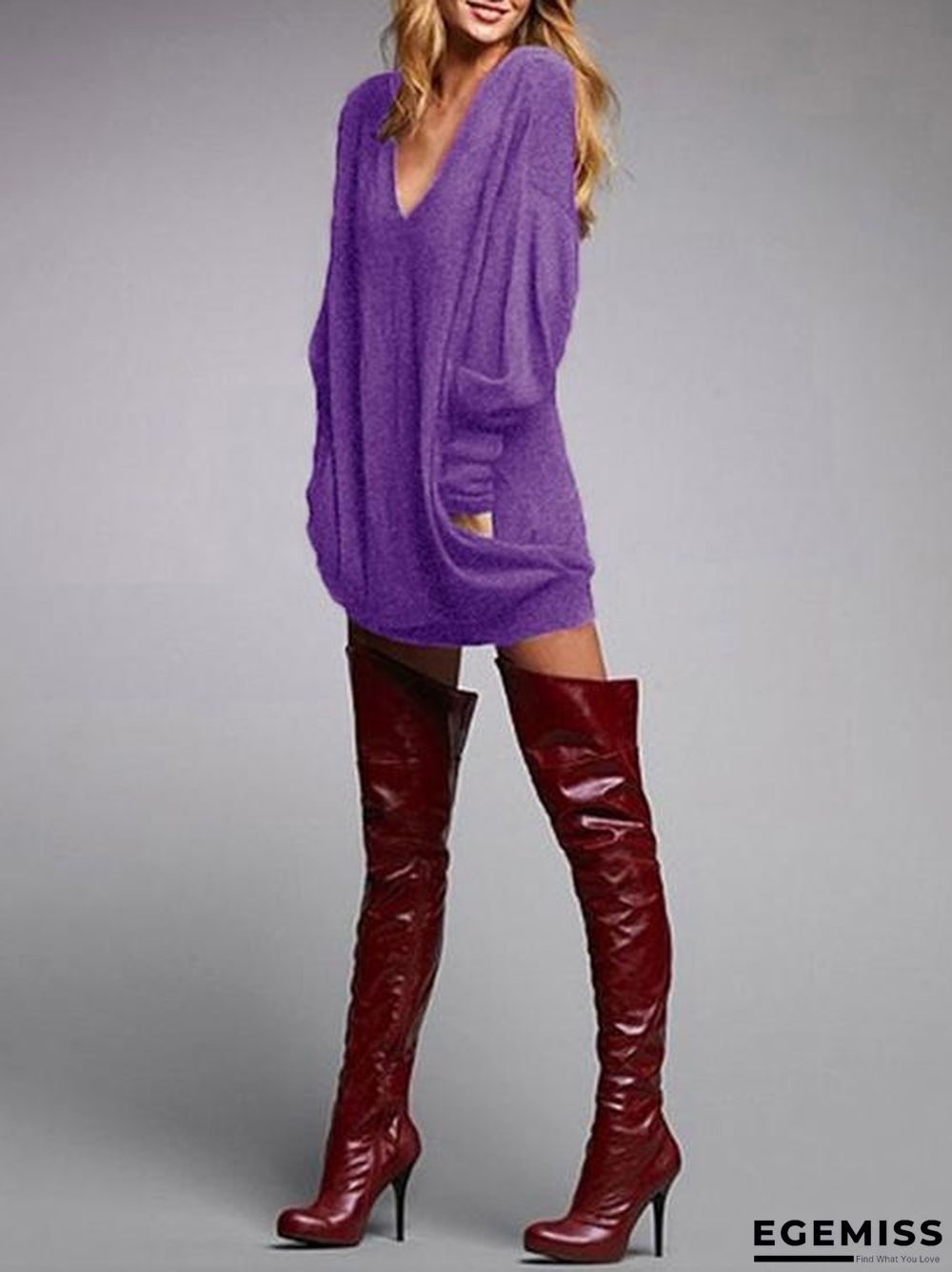 Autumn Fashion Solid Color V-neck Long Sleeve Sweater Tops | EGEMISS