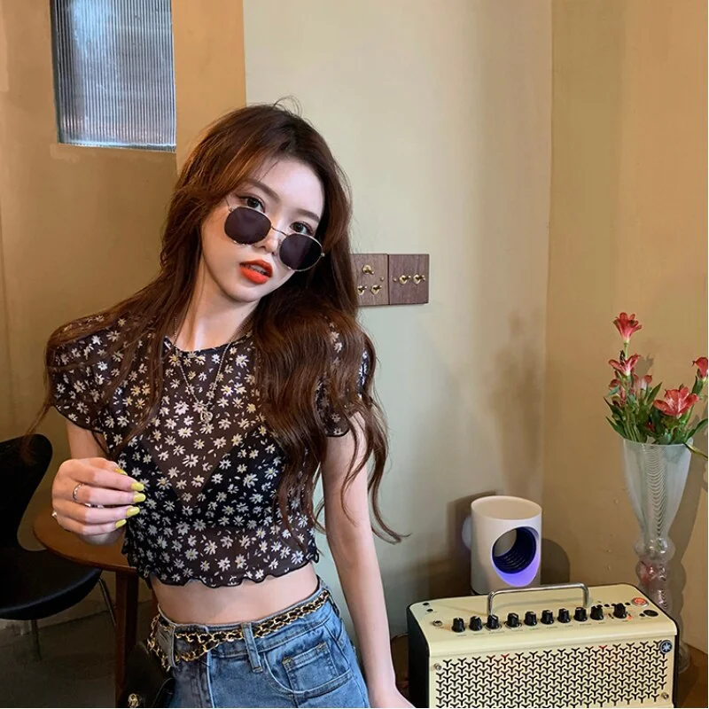 2021 New Summer Short Sleeve Mesh See-Through Crop Top Women Fashion Streetwear Outfits