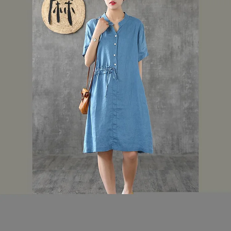 Elegant blue linen Robes stand collar patchwork Knee Dress