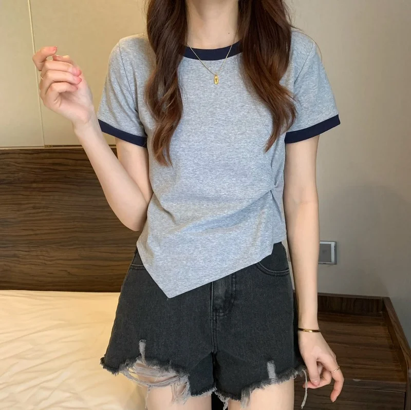 Uveng Uveng Female 2024 New Summer Design Sense Contrast Color T-Shirt Fashion Chic Irregular Short Student Jacket