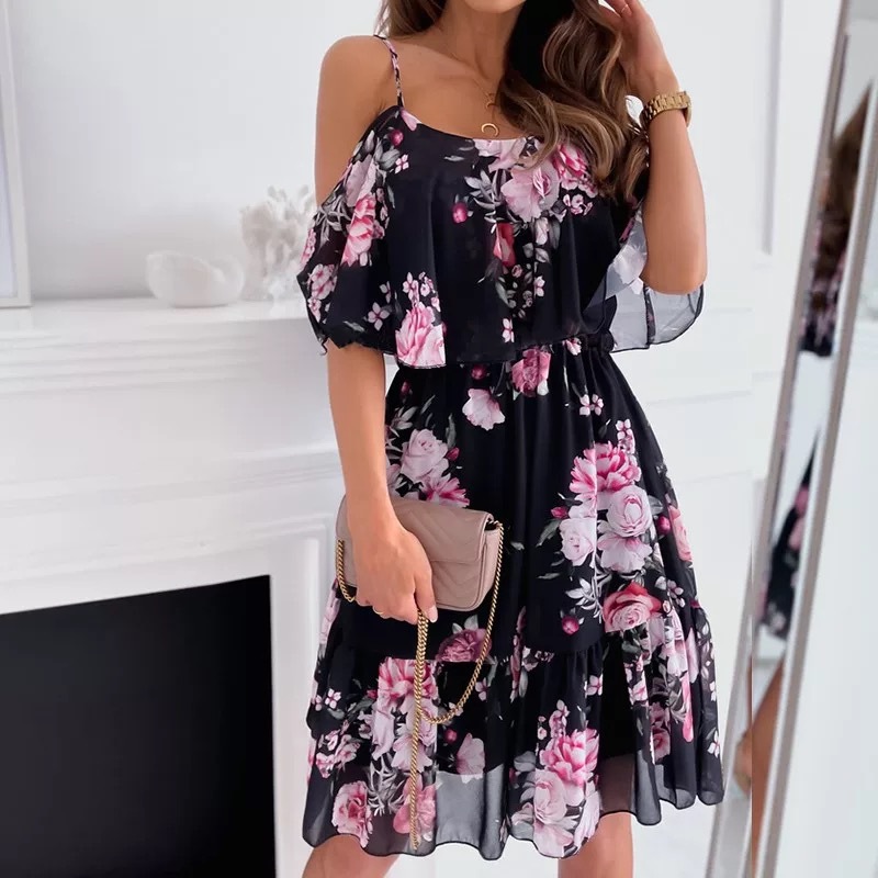 Mature Women Flower Printed Ruffled Suspender Dress Summer Off-the-shoulder Strap Dresses