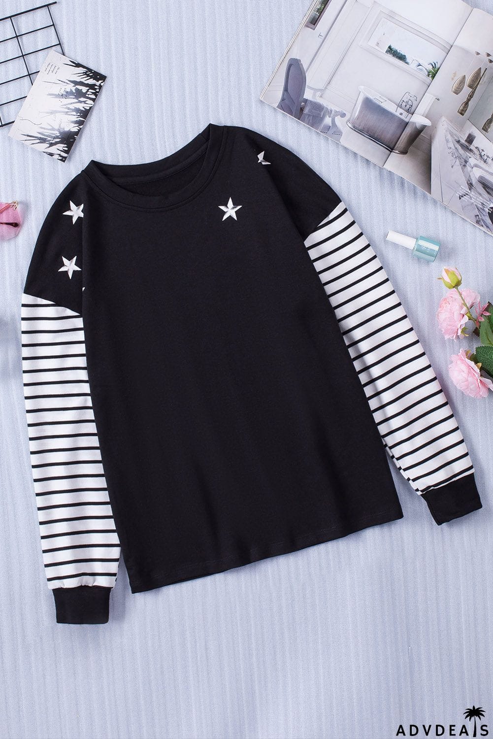 Black Striped Star Long Sleeve Top