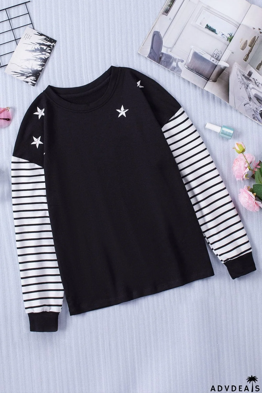 Black Striped Star Long Sleeve Top