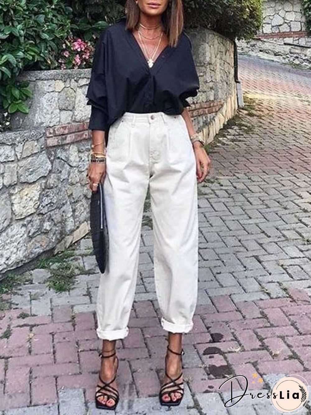 Women Casual Plain Autumn Lightweight No Elasticity Loose Standard Straight pants H-Line Casual Pants