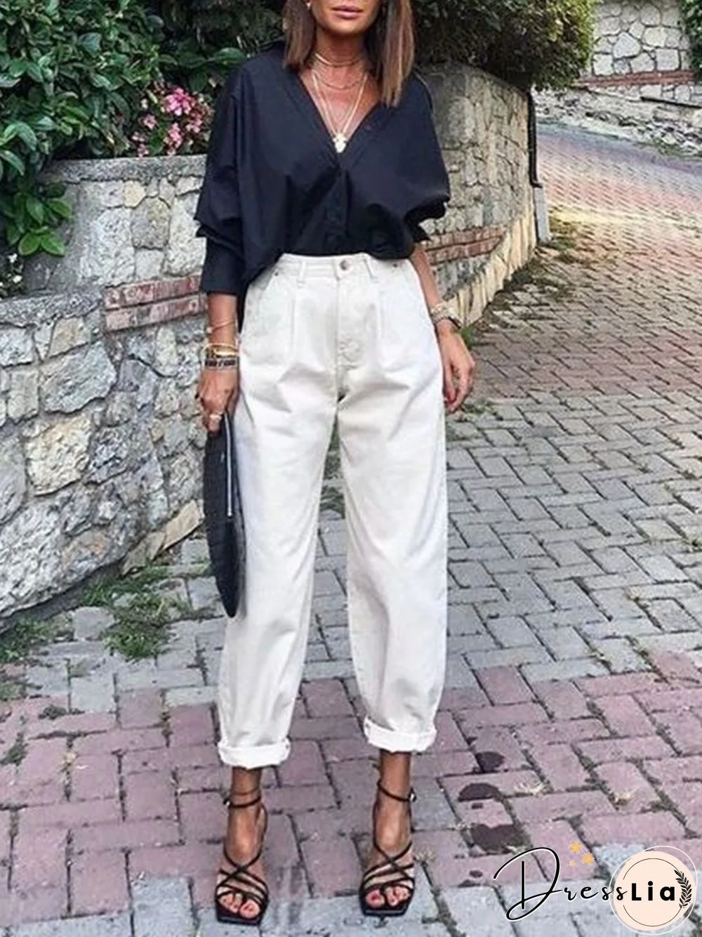 Women Casual Plain Autumn Lightweight No Elasticity Loose Standard Straight pants H-Line Casual Pants