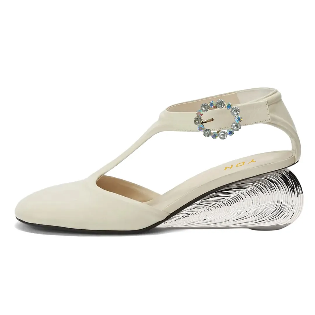 Ivory Vegan Leather Closed Toe T-Strap Low Heel Pumps for Women