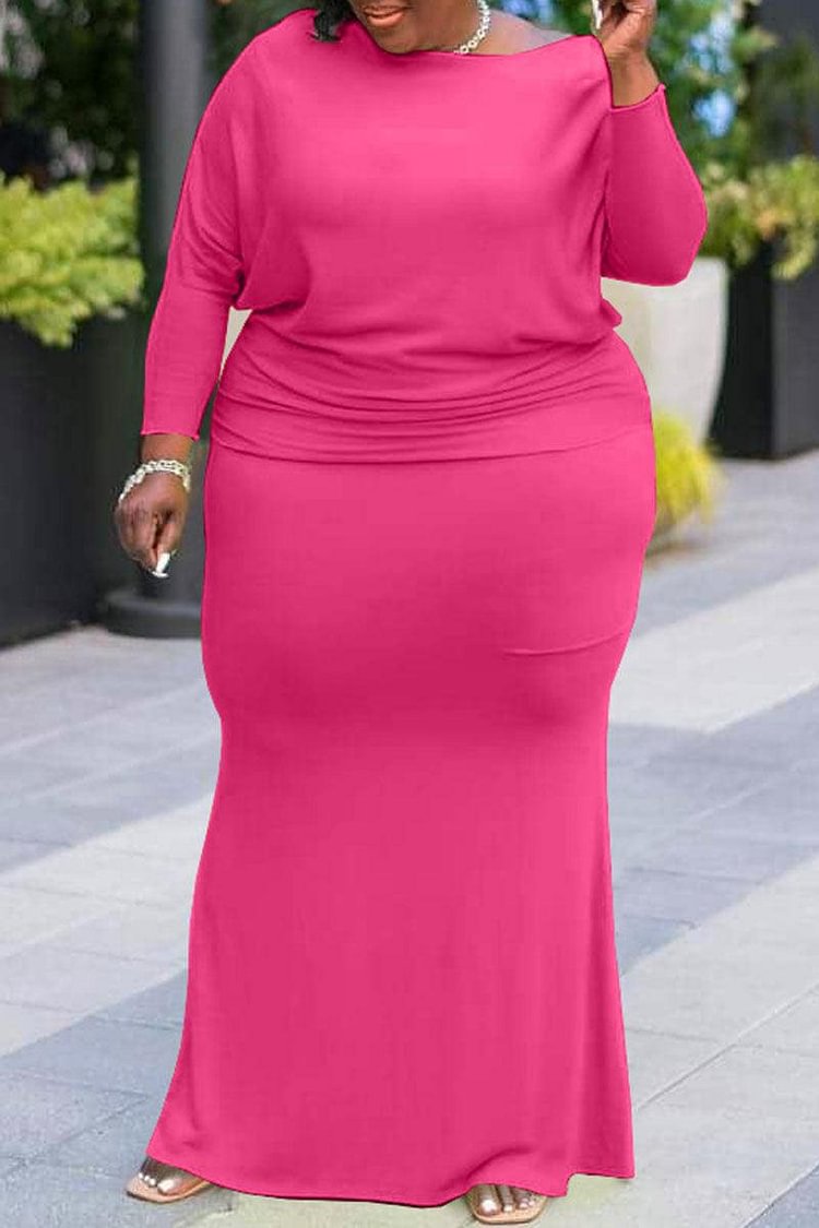 Xpluswear Plus Size Casual Barbie Pink Solid Split Joint O Neck One Step Skirts Maxi Dresses