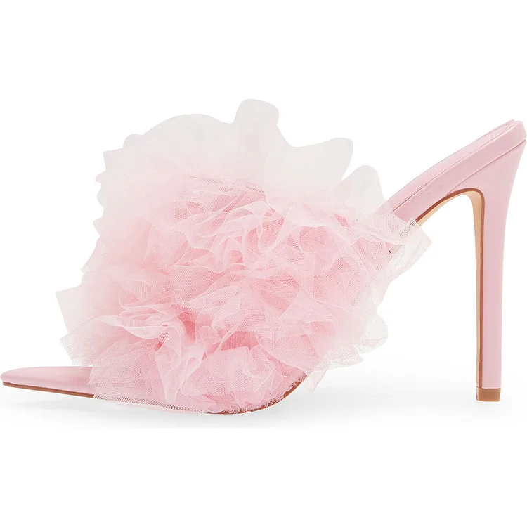 Elegant Pointy Toe Heeled Mules Tulle Decor Bridal Shoes in Pink |FSJ Shoes