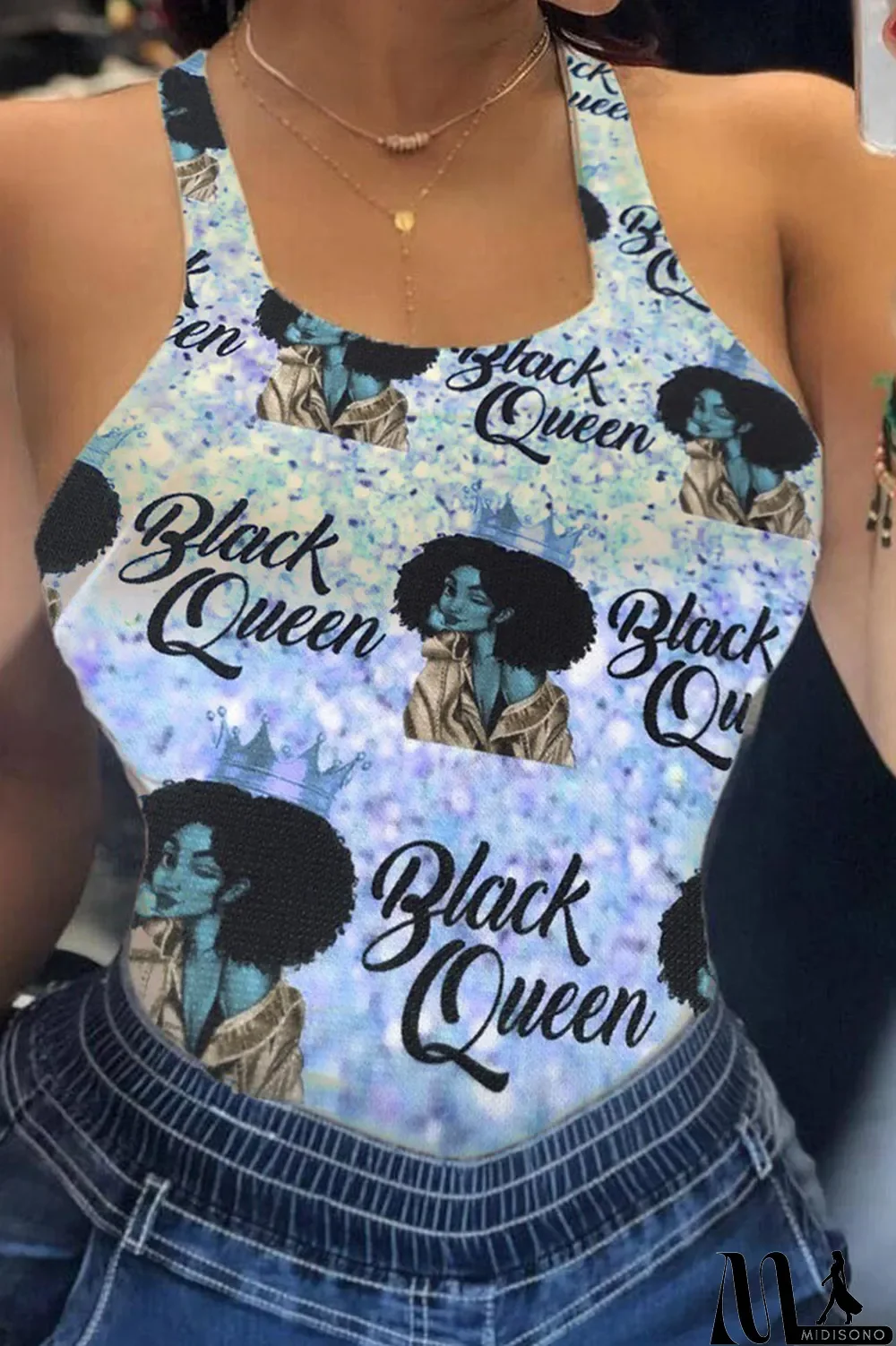 MidiSono - Red Sexy Print Patchwork U Neck Tops