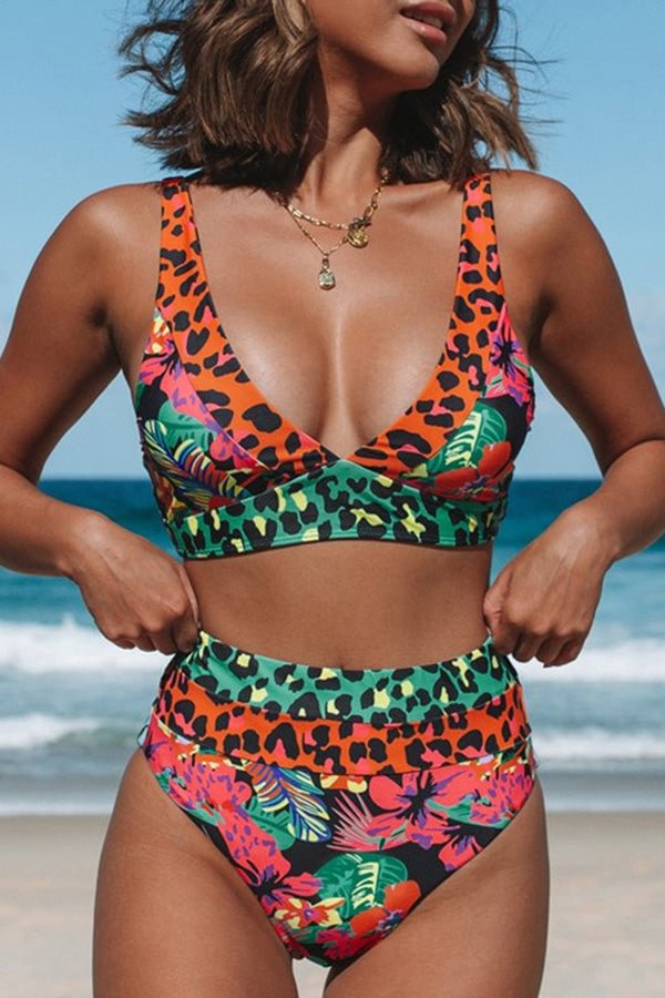 High Waist Printed Leopard Dot Stitching Bikini