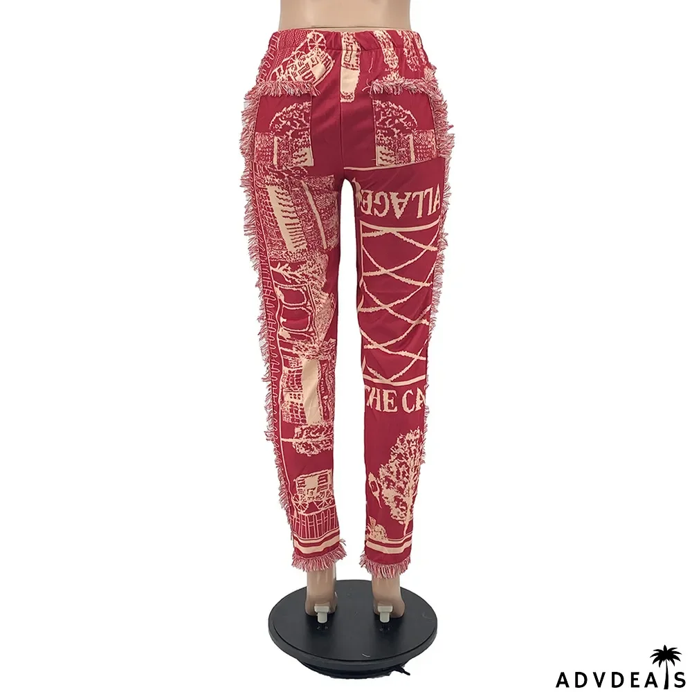 Casual Fashion Color Pattern Fringed Velvet Pants