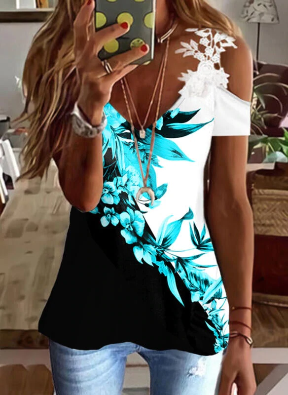 Print Color Block Floral Lace Cold Shoulder Short Sleeves Cold Shoulder Sleeve Elegant Blouses