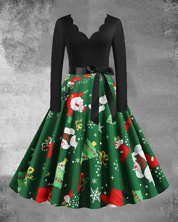 christmas print v neck long sleeved midi dress with waistband 9 patterns p472890