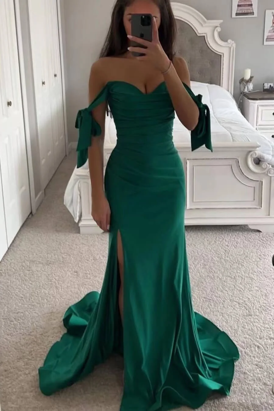 Daisda Emerald Green Sweetheart Off-the-Shoulder Slit Mermaid Long Prom Dress