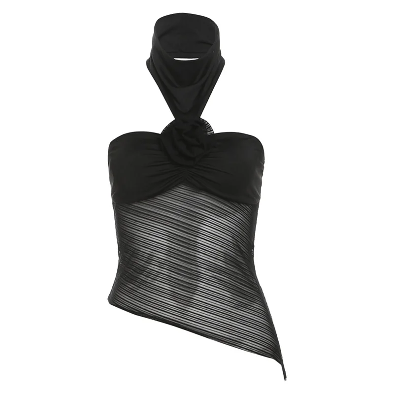 Ueong Ueong Summer New Women's Wear Hanging Neck Exposed Back Slim Mesh Gauze Perspective Irregular Small Vest