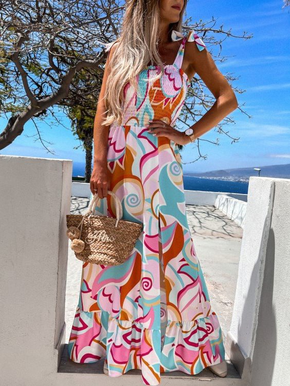 Resort Printed Sling Sleeveless Slit Maxi Dress