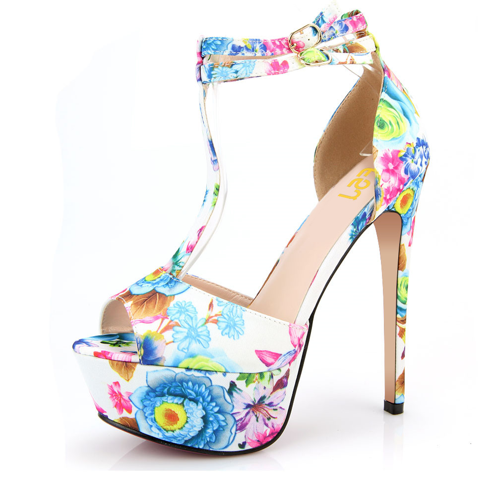 Elegant Floral Print Platform Sandals Peep Toe T-Strap Stiletto Heels