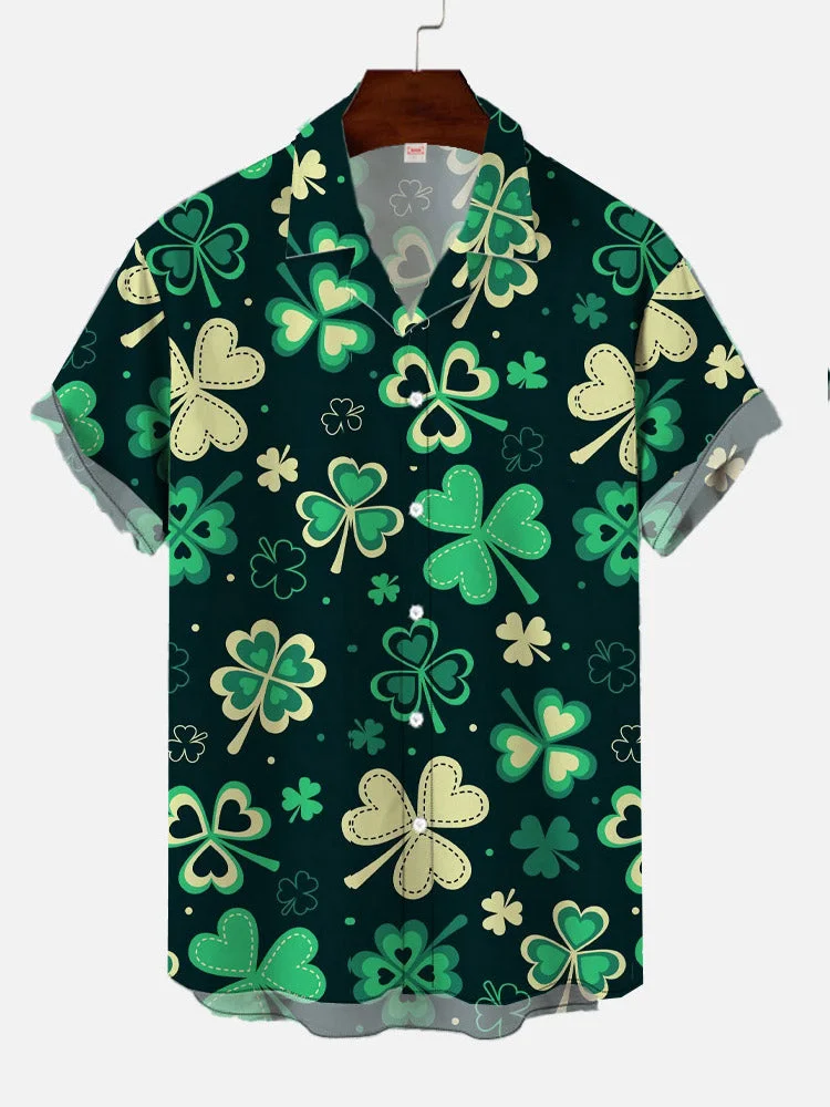 Clover Holiday Lucky Irish Cute Printing Patricks Day Hawaiian Cuban Collar Men's Short Sleeve Shirt