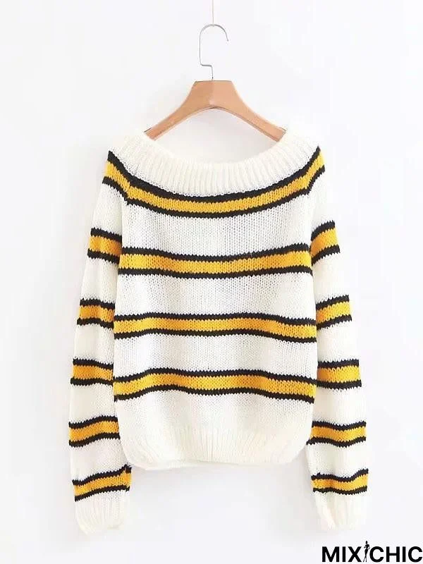 Knitting Striped Puff Sleeve Sweater Tops