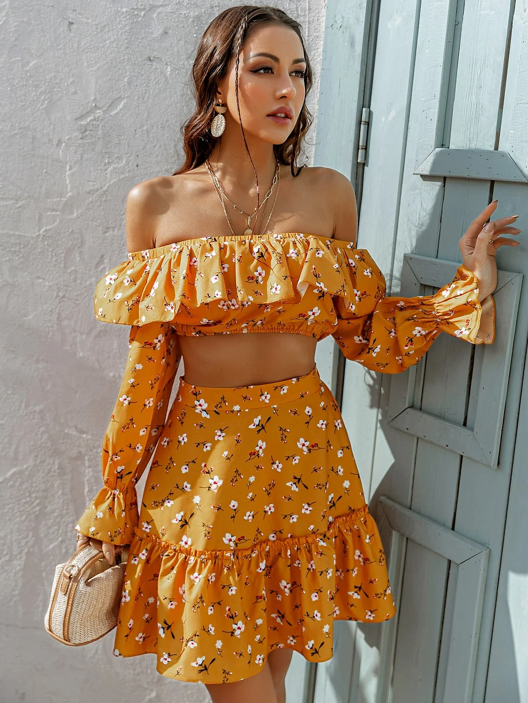Printed Off Shoulder Top And Tiered Skirt Set