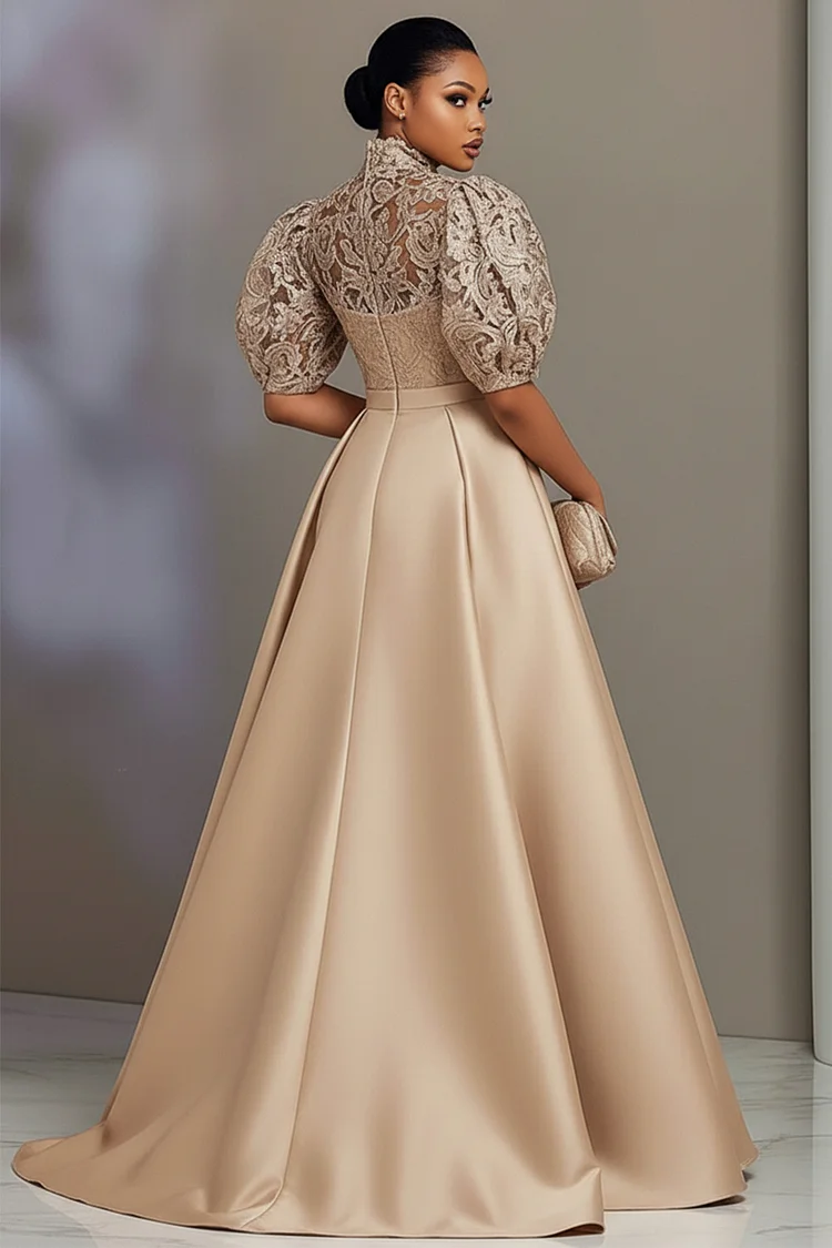 Xpluswear Design Plus Size Formal Satin Champagne Stand-Up Collar Puff Sleeve Short Sleeve Pleated Contrast Lace Maxi Dresses [Pre-Order]