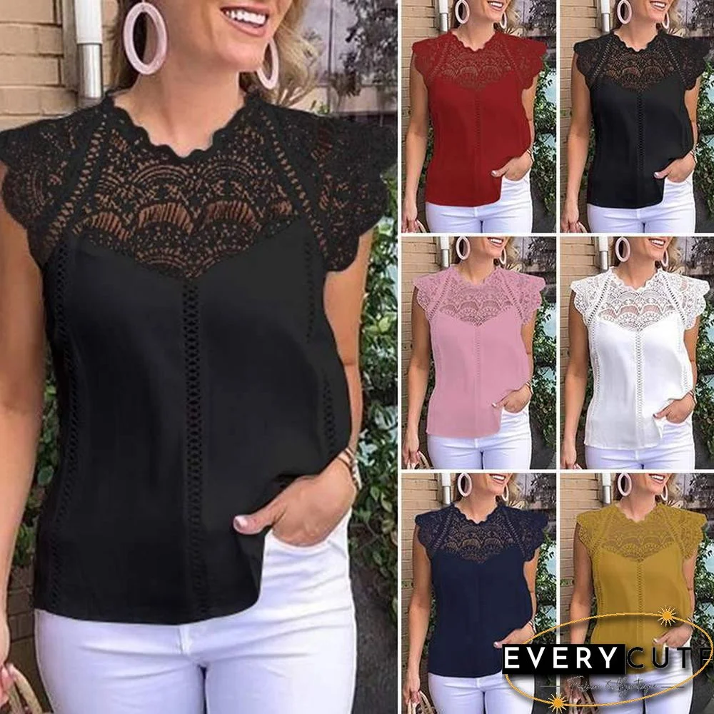 Women Blouse Sexy Sleeveless Lace OL Office Ladies Shirt Hollow Party Tops