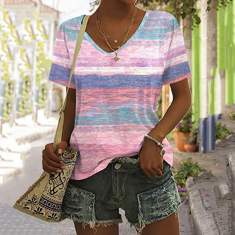 Comstylish Women's Pink Color Block Stripes Print Casaul T-Shirt