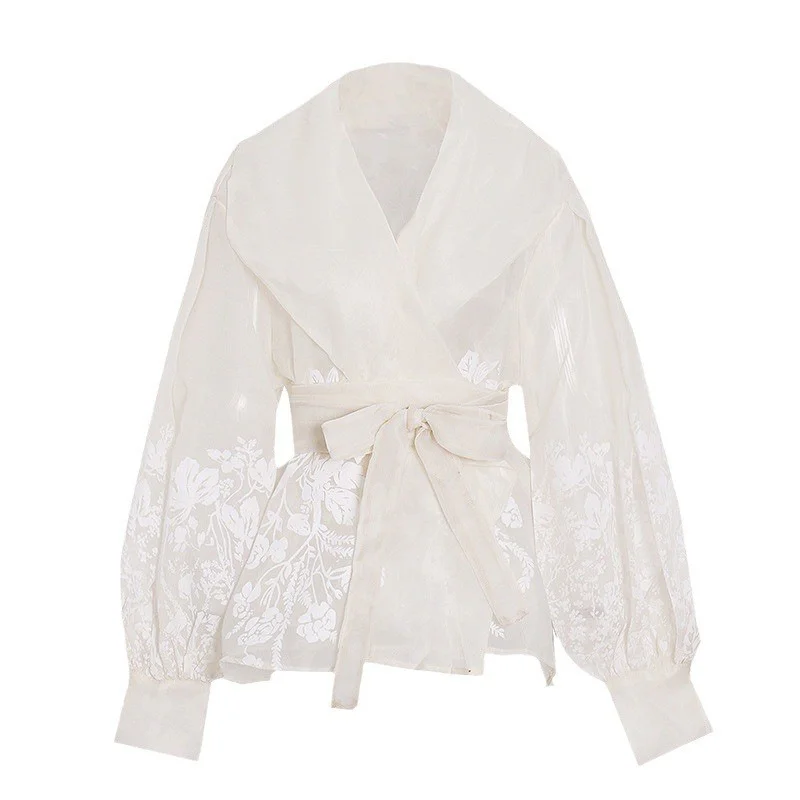 Woherb Woherb Retro Palace Style Top Autumn 2024 New Organza Lapel Lantern Sleeve Lace Printed Shirt Girl-Outfit Ideas
