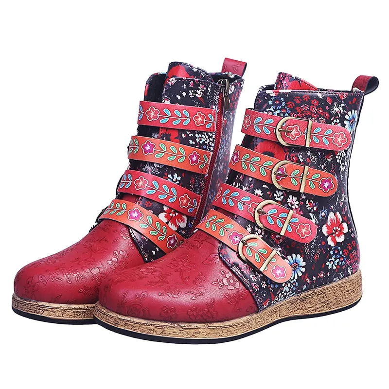 New Socofy Women Boots Retro Printed Metal Buckle Soft Leather Zipper Ankle Boots Ladies Shoes Women Botines Mujer 2021