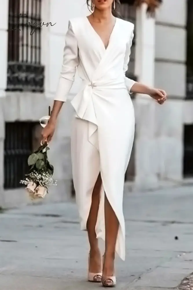 Ingvn - Fashion Elegant Solid Patchwork Asymmetrical V Neck Pencil Skirt Dresses(5 Colors) White /