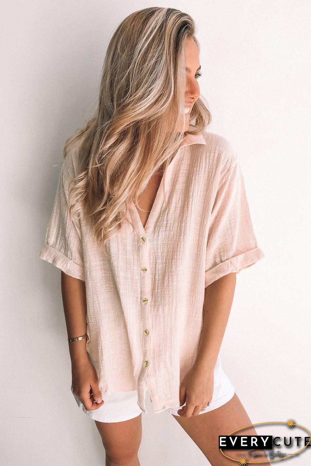 Beige Loose V Neck Button Short Sleeve Shirt