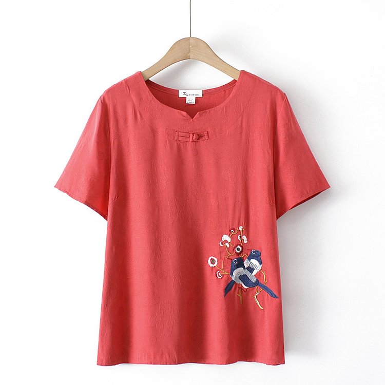 Vintage Bird Embroidery Buckle Casual T-Shirt - Modakawa modakawa