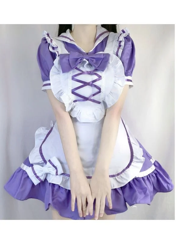 Cosplay Bandaged Bowknot Bubble Sleeve Navy Collar Mini Maid Dress