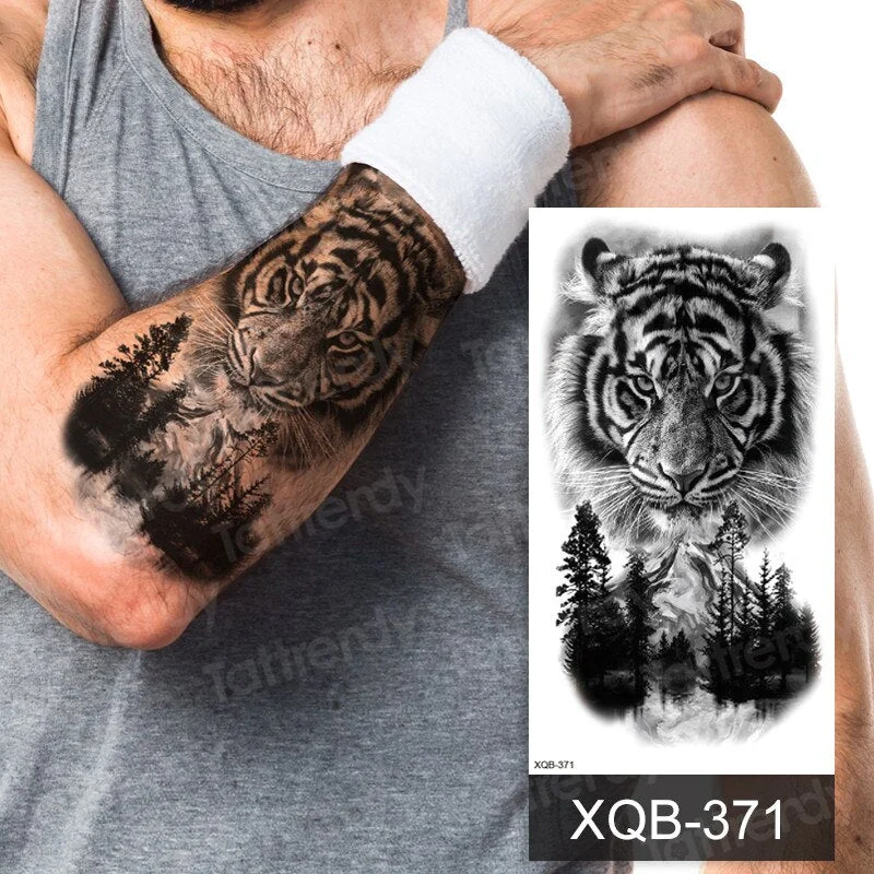 Waterproof Temporary Tattoo Sticker Lion King Crown Cross Tiger Pattern Fake Tatto Flash Tatoo Black Body Art for Kids Women Men