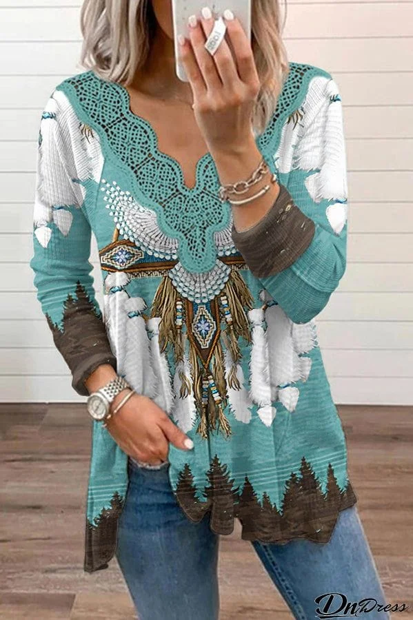 Mexican Past Hippie Ethnic Print Lace Trim Stretch T-shirt