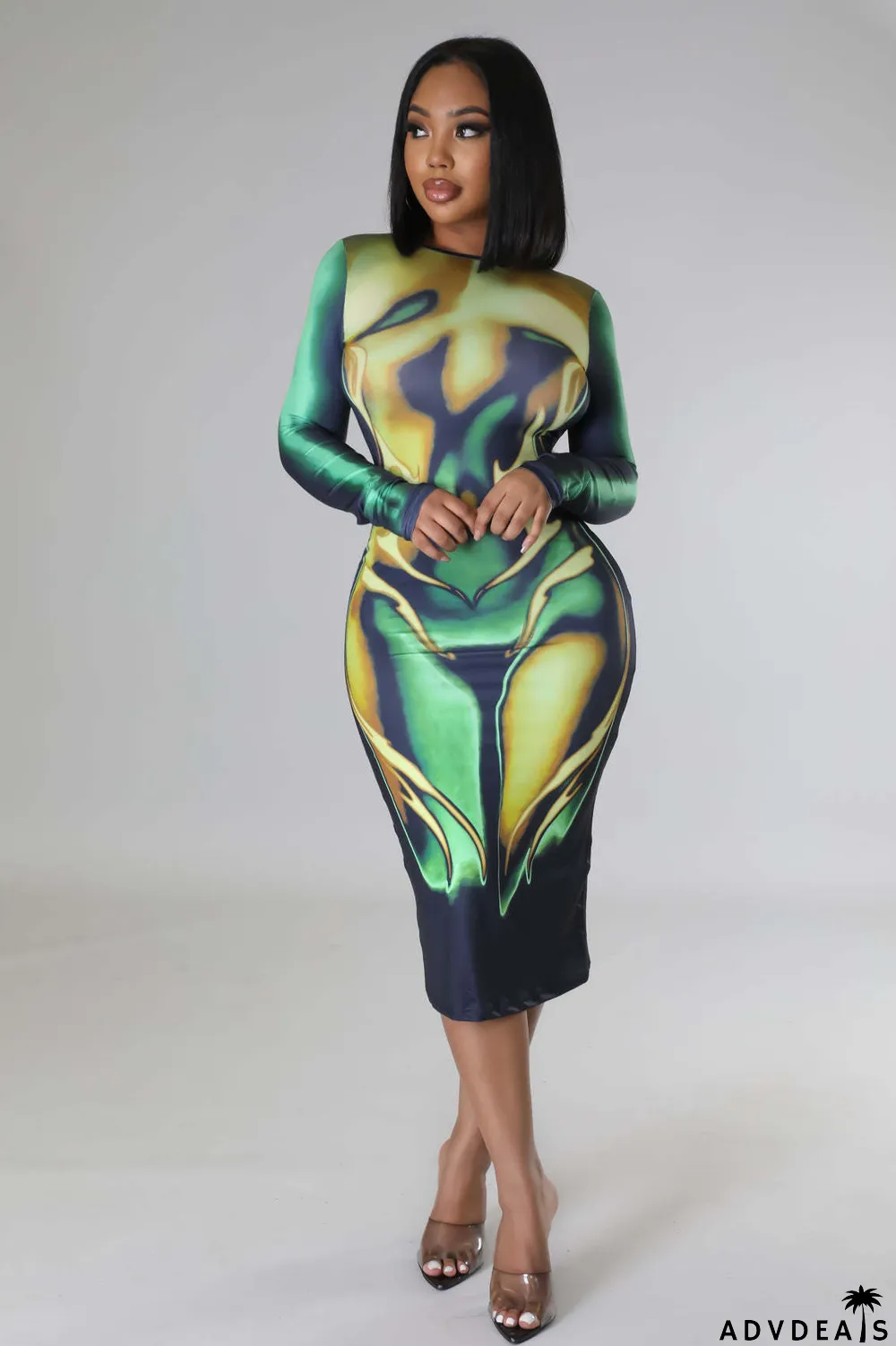 Women's Spring Sexy Print Round Neck Long Sleeve Casual Dress For Women