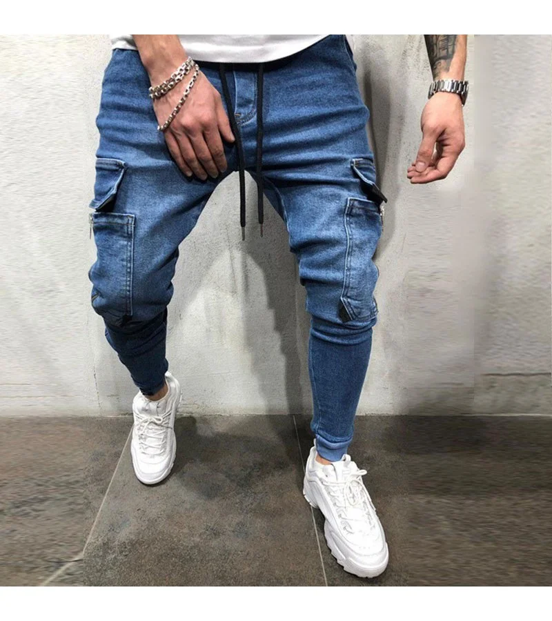 Men Side Pocket Decor Lace-up Casual Skinny Jeans S-2XL