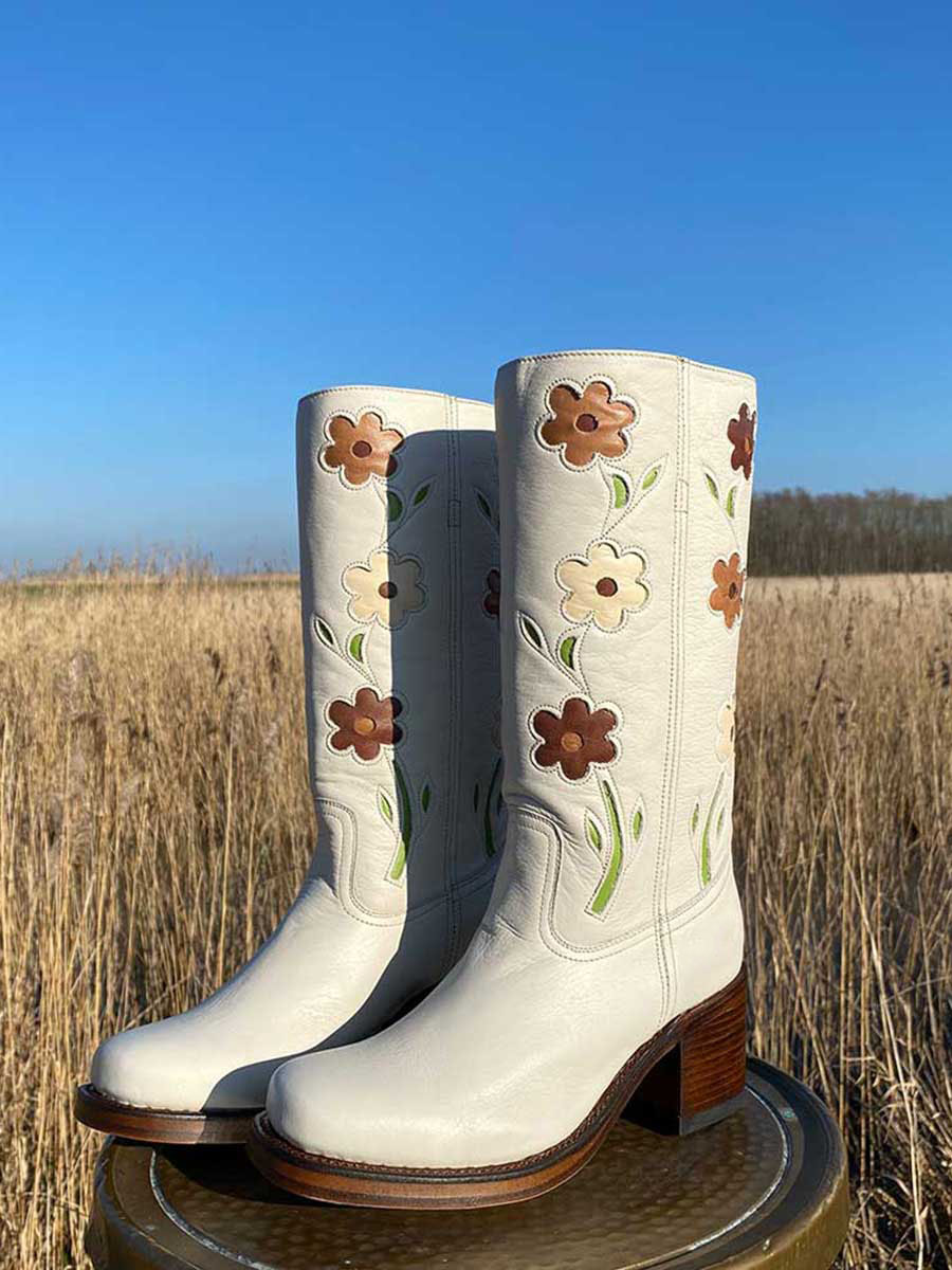 White Vegan Leather Floral Patchwork Inlay Wide Calf Knee High Boots With Chunky Heel