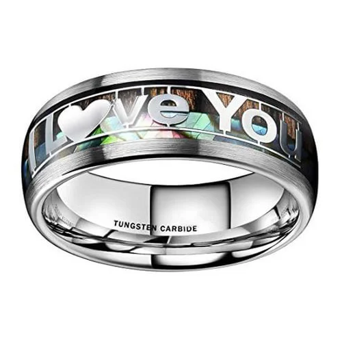 8MM Women's Or Men's Tungsten Carbide Wedding Rings "I Love You" Silver Multi Color Rainbow Abalone Shell and Wood Inlay Organic Colors