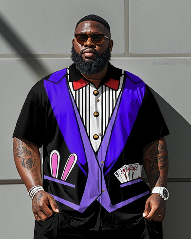 Men's Plus Size Street Fashion Purple Bunny Suit Cosplay Printed Shirt Shorts Suit