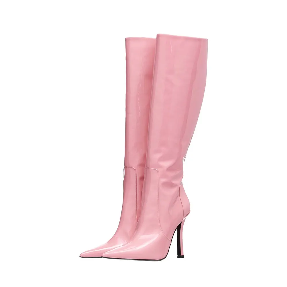 Pink Pointed Toe Stiletto Heel Wide Calf Knee High Boots