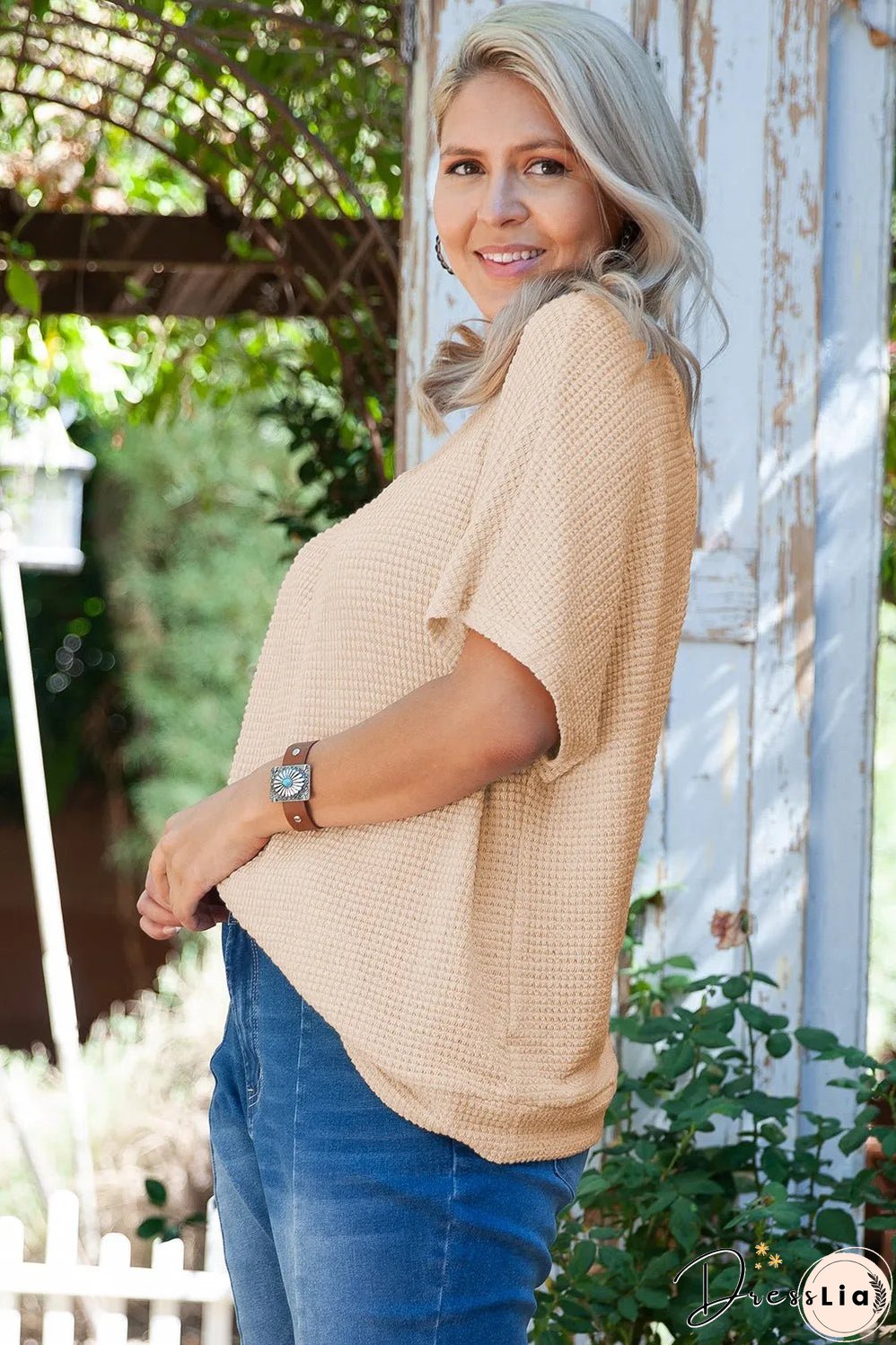 Beige Guipure Lace Insert Textured Plus Size Tee