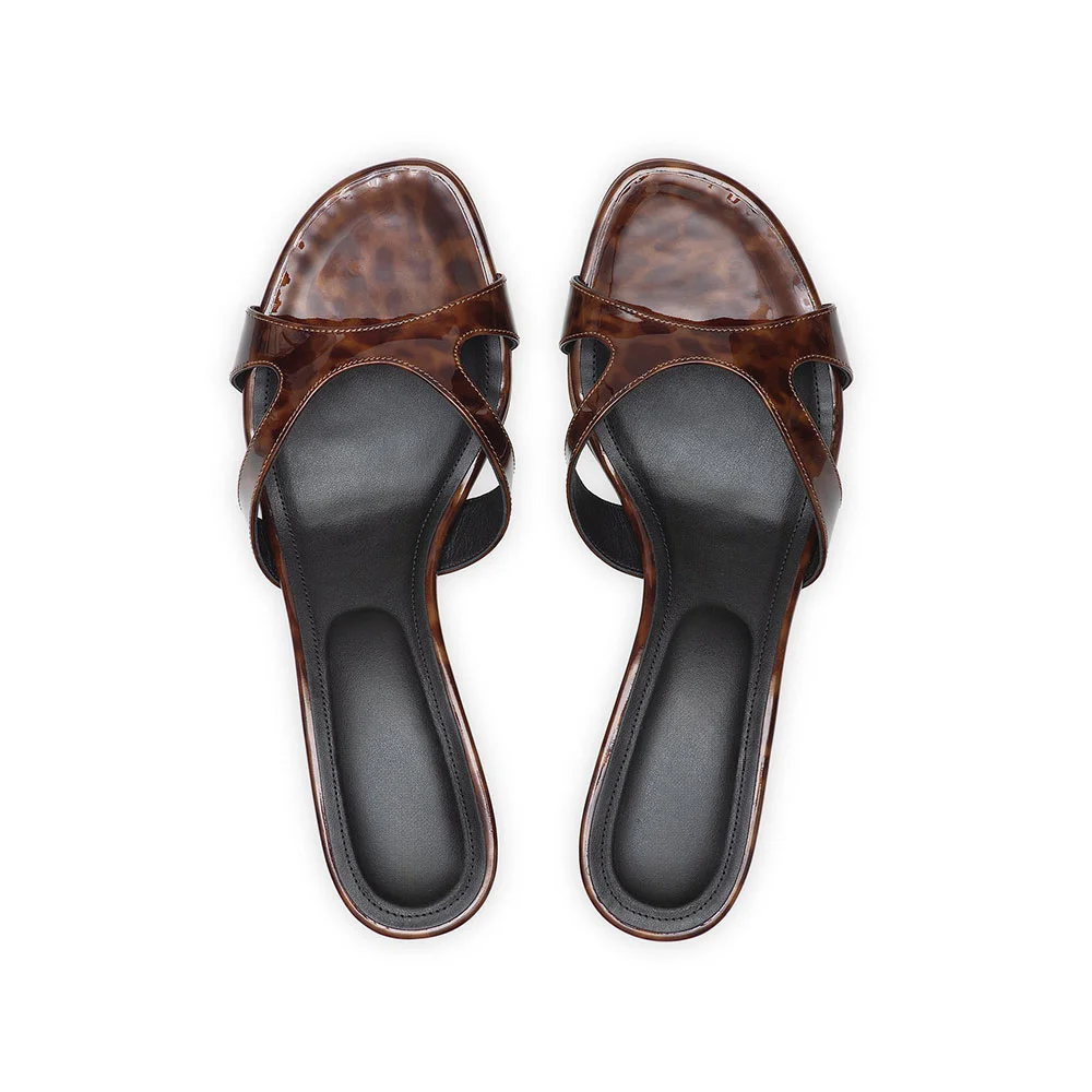 Tortoiseshell Print Open Toe Cut-Out Block Heel Mules Sandals