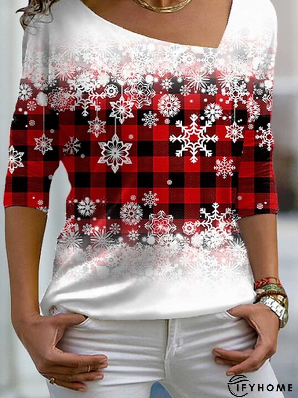 Christmas Snowflake Red Checked/Plaid V Neck T-shirt | IFYHOME