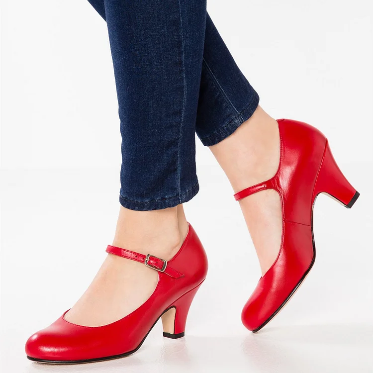 Red Mary Jane Pumps Round Toe Cone Heels Office Shoes |FSJ Shoes