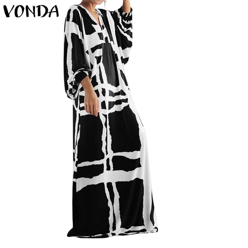VONDA Vintage Long Maxi Dress 2022 Autumn Sexy V Neck Long Sleeve Printed Dresses Femme Loose Sundress Casual Bohemian Vestidos