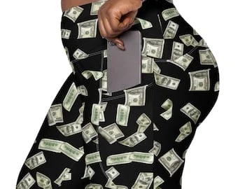 Pornhint Money Benjamins Leggings with Pockets, All Over Print Leggings, Currency Leggings, plus Size Leggings, Printed Cash Leggings, Festival gifts