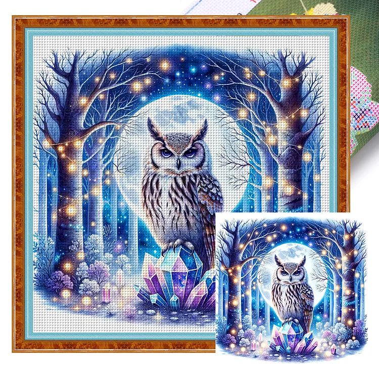 Owl On Gemstone Under Moonlit Night 11CT Stamped Cross Stitch 40*40CM
