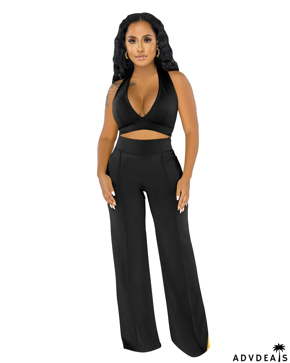 Summer Party Solid Color Halter Crop Top and High Waist Pants Set